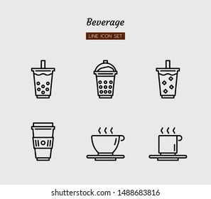 line icon symbol set, drink beverage concept, cafe, coffee, milk tea, juice, cup, glass, Isolated flat outline vector design