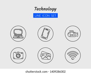 line icon symbol set, electronic technology device concept, digital multimedia, wifi, laptop, smartphone, camera, photo, Video, Isolated flat outline vector design