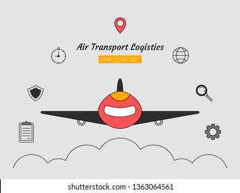 line icon symbol set, global airplane transport postal delivery logistics concept, safe and fast package shipping service, Isolated flat outline vector design