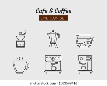 line icon symbol set, grinders machine coffee cafe set concept, drink beverage, Moka pot, Isolated flat outline vector design