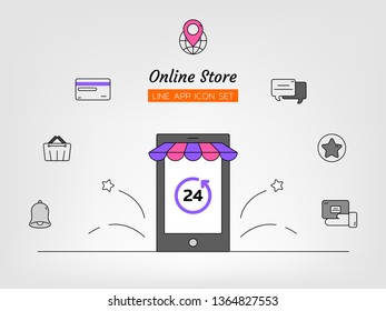 line icon symbol set, mobile application online shopping store marketplace concept, basket, phone, chat, global, cart, 24 hours, gps, credit, parcel, sale, Isolated flat outline vector design