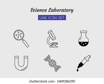 line icon symbol set, science laboratory concept, dna, magnet, beaker, Magnifying glass, microscope, dropper, Isolated flat outline vector design