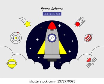 line icon symbol set, space science concept, planet, cornet, astronaut, star, satellite, orbit, rocket, Isolated flat outline vector design