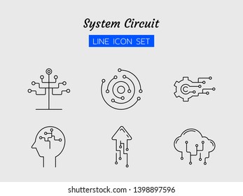 line icon symbol set, system analysis technology concept, digital network, circuits, cloud, arrow, transfer, tree, cog, brain, Isolated flat outline vector design 