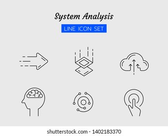 line icon symbol set, system analysis technology concept, digital network, cloud, circuits, arrow, brain, Isolated flat outline vector design 