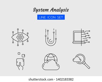 line icon symbol set, system analysis technology concept, digital network, circuits, cloud, globe, search, click, eye, Isolated flat outline vector design 