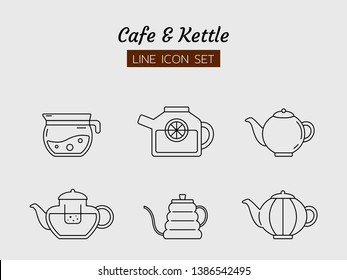 line icon symbol set, tea kettle style cafe concept, teapot drink beverage, Isolated flat outline vector design 