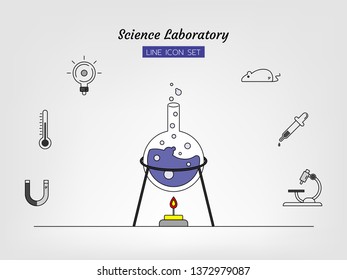 line icon symbol set, test chemistry physics science research laboratory equipment concept, glass tube, rat, microscope, magnet, termomiter, Light bulb, dropper, Isolated flat outline vector design
