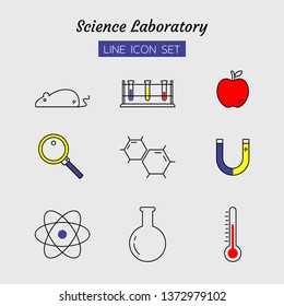line icon symbol set, test chemistry physics science research laboratory equipment concept, beaker, Magnifying glass, magnet; termomiter, apple, rat, molecular, Isolated flat outline vector design