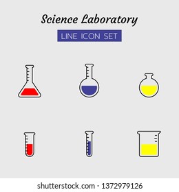 line icon symbol set, test chemistry physics science research laboratory equipment concept, glass tube, Isolated flat outline vector design
