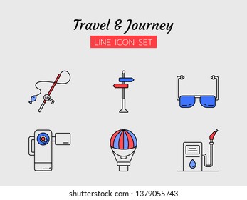 line icon symbol set, travel and journey concept, video camera, fishing equipment, staff, sunglasses, balloon, Gas station, Isolated flat outline vector design