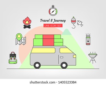 line icon symbol set, travel journey concept, van, backpack, flashlight, gps, map, bonfire, compass, fish hook, Isolated flat outline vector design