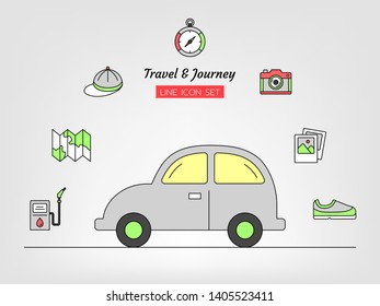 line icon symbol set, travel journey car concept, map, compass, photo, sneaker, camera, cap, Gas station, Isolated flat outline vector design