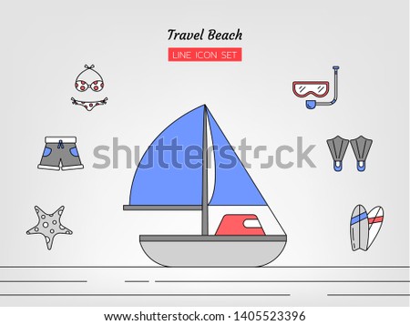line icon symbol set, travel sea and beach concept, boat, bikini, norkel, starfish, shorts, scuba diving, surfboard, Isolated flat outline vector design Stok fotoğraf © 