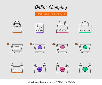 line icon symbol set, universal application online shopping store marketplace concept, bags, order basket, Isolated flat outline vector design