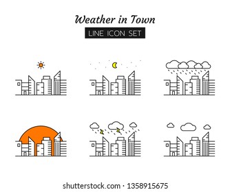 line icon symbol set, weather in town concept, office buildings view landscape, daytime, sun, night, moon, rain, cloud, forecast, sky, Isolated flat outline vector design