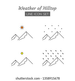 line icon symbol set, weather of hilltop concept, mountain view landscape, daytime, sun, night, moon, rain, snow, forecast, sky, Isolated flat outline vector design
