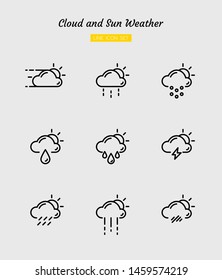 line icon symbol set, weather forecast concept, climate, cloud, sun, daytime, rainy, drop, thunder, windy, snow, Isolated flat outline vector design