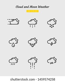 line icon symbol set, weather forecast concept, climate, cloud, moon, night, rainy, windy, thunder, snow, Isolated flat outline vector design