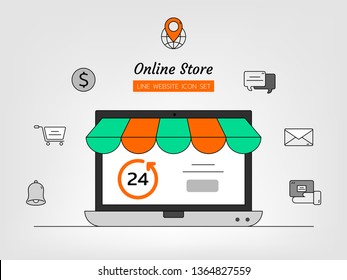 line icon symbol set, website computer application online shopping store marketplace concept, basket, chat, global, cart, 24 hours, gps, parcel, mail, bell, Isolated flat outline vector design