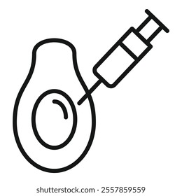 Line icon of a syringe injecting a chemical substance into an avocado, representing the concept of genetically modified food