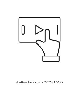 Icono de línea de tocar play en modo de teléfono inteligente horizontal.