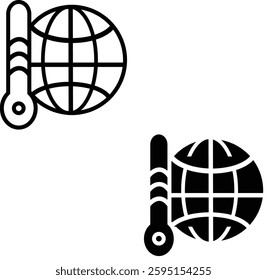 Line icon of a thermometer and globe, representing climate change, global warming, or environmental monitoring.