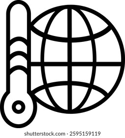 Line icon of a thermometer and globe, representing climate change, global warming, or environmental monitoring.

