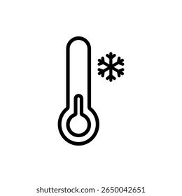 Line icon of a thermometer with a low mercury level and snowflake. Ideal for winter forecasts, cold warnings, and chilly climate visuals.