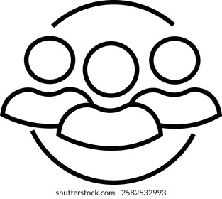 Line icon of three people in a circular embrace, symbolizing unity, collaboration, and support in community or organizational work, with transparent background.