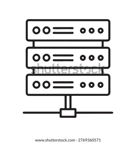 Line icon of three stacked computer servers with discs and lines on a white background data storage and processing technology symbol