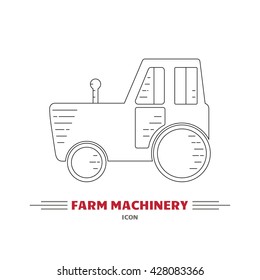 Line icon of tractor on white background. Farm machinery icon. Tractor vector logo design template. Harvesting theme. Agricultural tractor, transport for farm