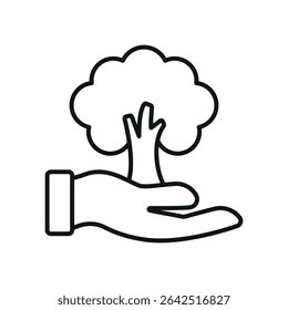 Ícone de linha de árvore crescendo a partir das mãos para o eco-cuidado, natureza e sustentabilidade visuais.