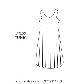 Icono de línea Ilustración del Vector de Vestido Tunico. Esquema Vestido sin manchas Icono de vector lineal aislado en fondo blanco. Vestido lineal simple para el verano. Silhouette moderna de vestir con tintic femenino