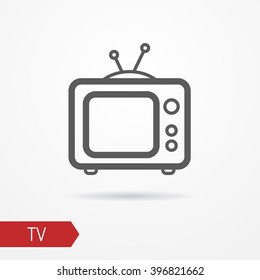 Line icon of a tv. Isolated tv line icon with shadow. Typical tv in thin line style. Line tv stock vector illustration.