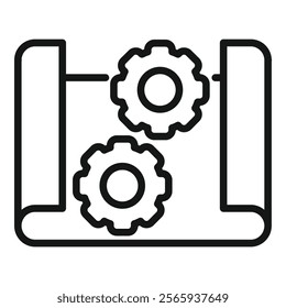 Line icon of two cogwheels on a blueprint, representing the concept of project development