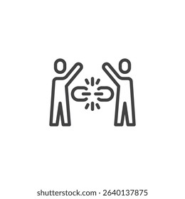 Line icon of two figures with a broken chain between them, symbolizing conflict resolution and restored harmony. This outline vector icon is perfect for teamwork visuals. Logo icon and symbol format.