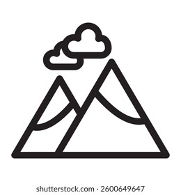 Line icon of two mountains with clouds above, representing nature, adventure, and outdoor landscapes. Suitable for travel, hiking, or scenic themes.