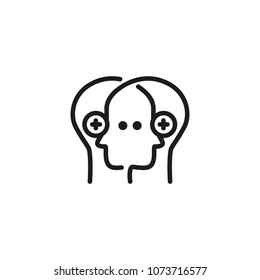 Line icon of two overlapped heads. Experience exchange, telepathy, business solution. Information transfer concept. For topics like business, communication, psychology