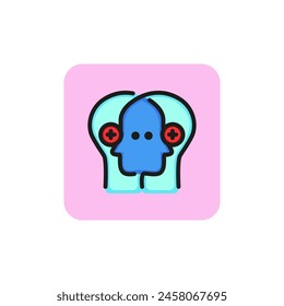Line icon of two overlapped heads. Experience exchange, telepathy, business solution. Information transfer concept. For topics like business, communication, psychology