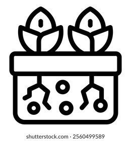 Line icon of two plants growing from flowerpot with soil cross section, representing botany and gardening