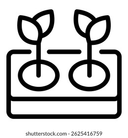 Icono de línea de dos plántulas que crecen del suelo en una maceta cuadrada