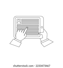 Line icon using smartphone outline hand with ebook drawing reading linear icon e-book hand drawing tablet sketching of silhouette touchpad