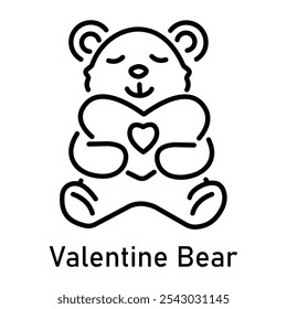 A line icon of valentine bear hugging a heart 