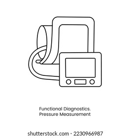 Line icon in vector blood pressure measuring device, functional diagnostics, tonometer illustration.
