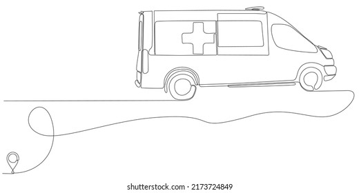 Icono de línea de trazado continuo de línea de línea de auto de ambulancia desde la ruta del hospital de oulis con punto de partida y pista de una sola línea - Ilustración vectorial. - Vector