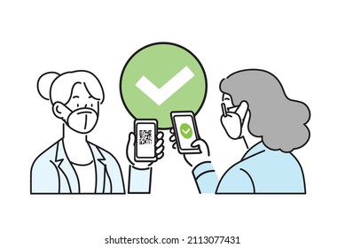 Line Icon Vector. Woman Employee In Business Suit Wearing Ffp2 Kn95 Face Mask Holding Smartphone With Qr Code On Screen. Digital Sanitary Pass Check. Eu Green Pass, Health Pass, Vaccine Passport.