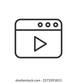 Line icon of a video player window with a play button. Vector illustration