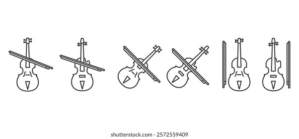 Line icon of violin with bow. Violin icon set. String musical instrument line art vector icon. Violin vector icon in transparent background. Eps10