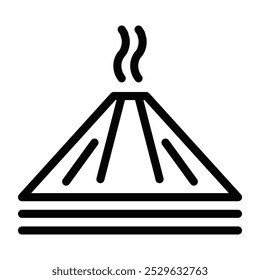 Line icon of a volcano with smoke rising, representing natural disasters, geology, or eruptions. Editable stroke.